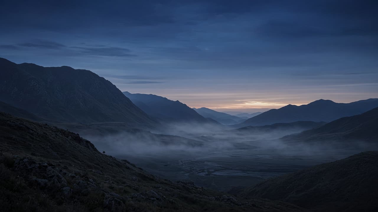 Misty mountain valley at dusk